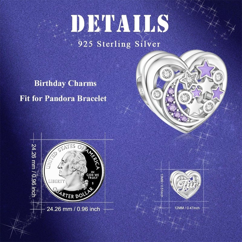 DALARAN Birthstone Charms for Charms Bracelet 925 Sterling Silver Heart Bead Happy Birthday Charms for Women - Image 2